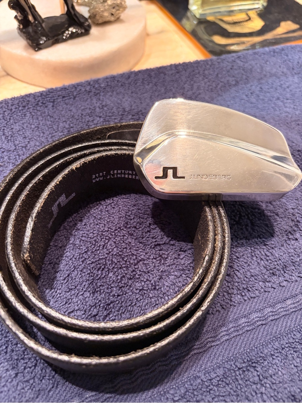 J.Lindeberg Black Leather Belt with Silver Logo Buckle